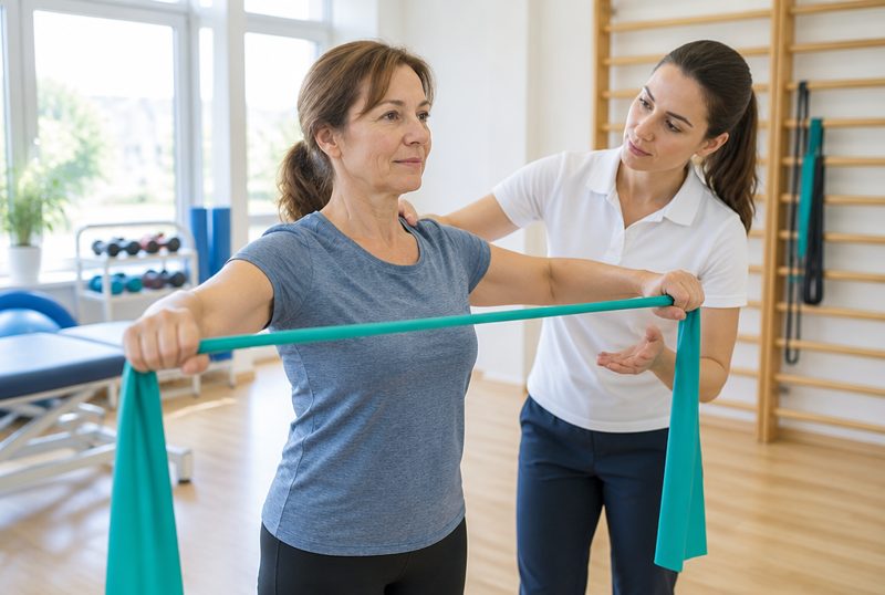 A patient doing a shoulder exercise with a resistance band, guided by a physiotherapist