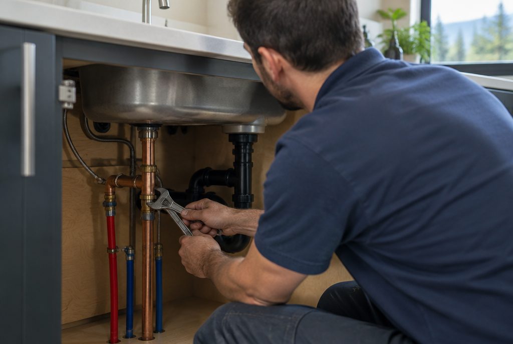 A Cedar Creek plumber tightening a fitting under a kitchen sink
